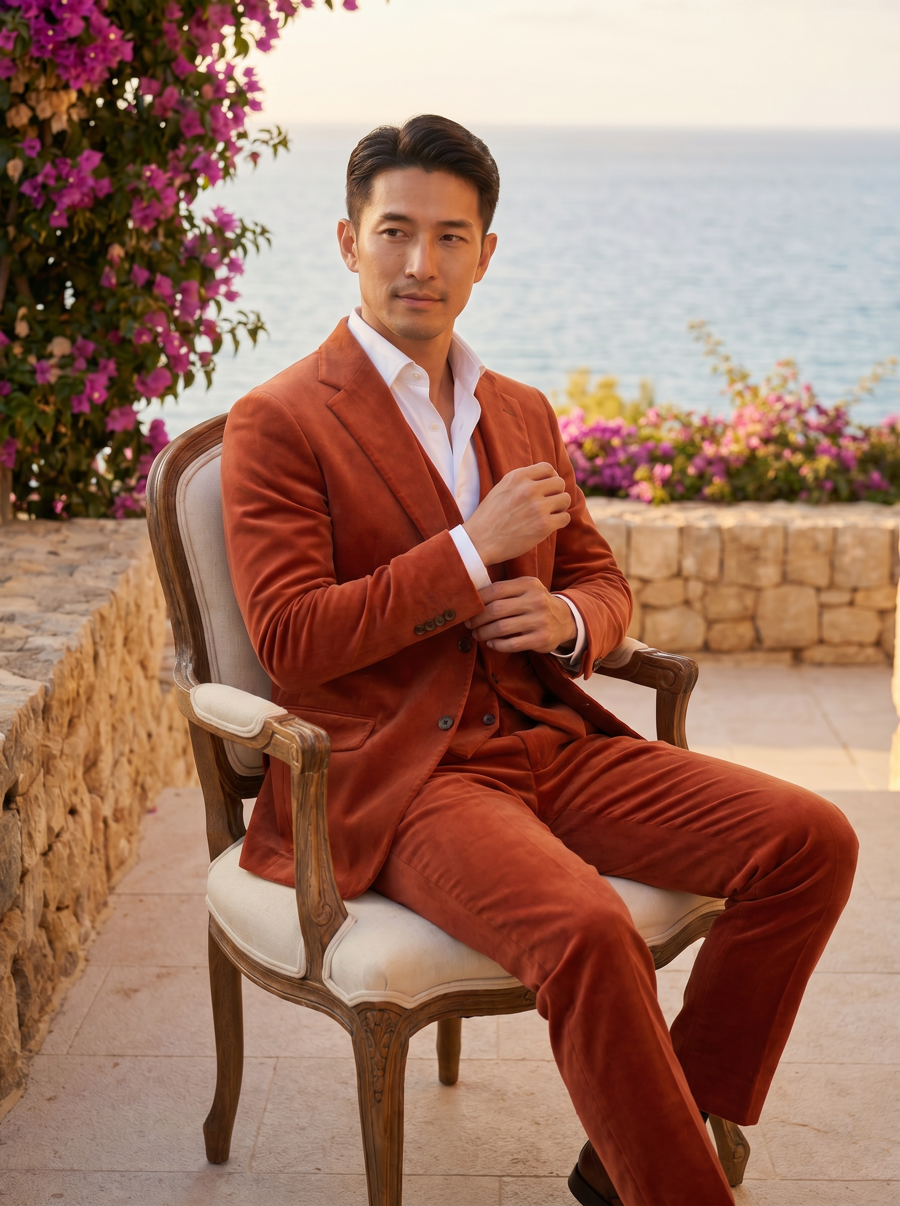 Terracotta Velvet 3-Piece Suit — Custom Made to Measure - seated view
