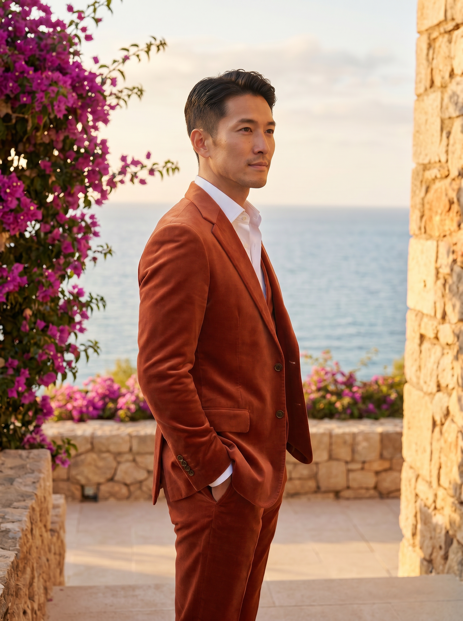 Terracotta Velvet 3-Piece Suit — Custom Made to Measure - side view