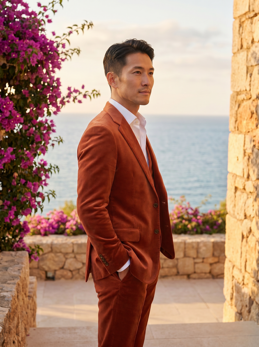 Terracotta Velvet 3-Piece Suit — Custom Made to Measure - side view