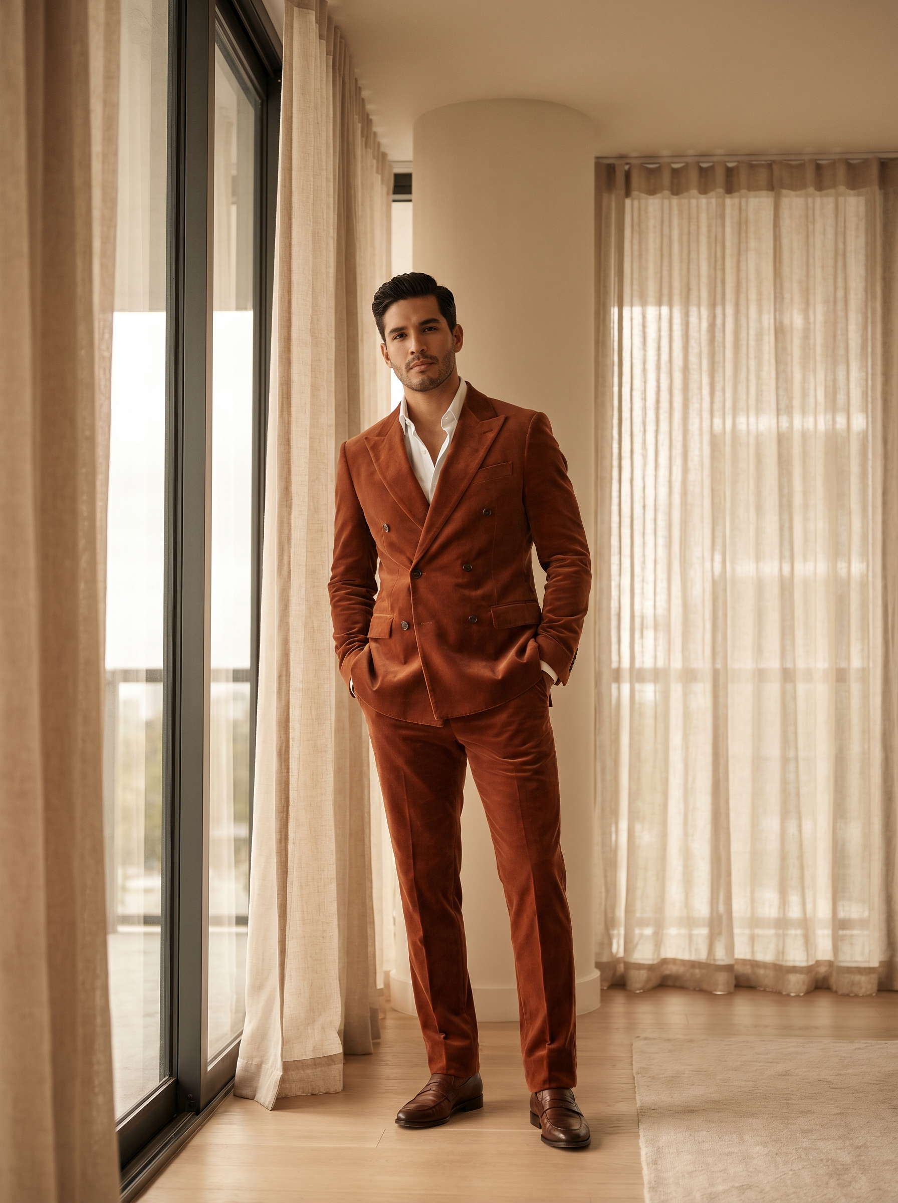 Terracotta Velvet Double Breasted Suit — Custom Made to Measure - front view