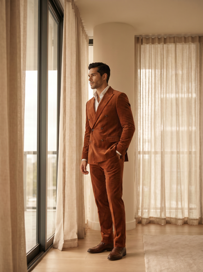 Terracotta Velvet Double Breasted Suit — Custom Made to Measure - side view