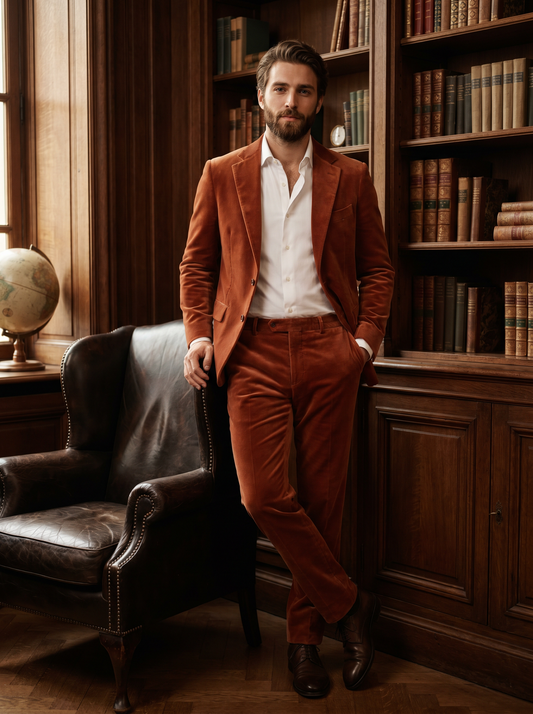 Terracotta Velvet Groomsmen Suit — Custom Made to Measure - front view