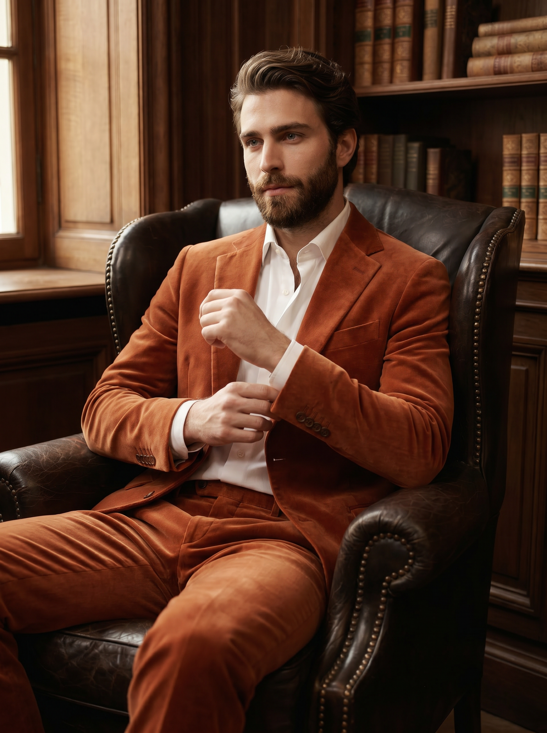 Terracotta Velvet Groomsmen Suit — Custom Made to Measure - seated view