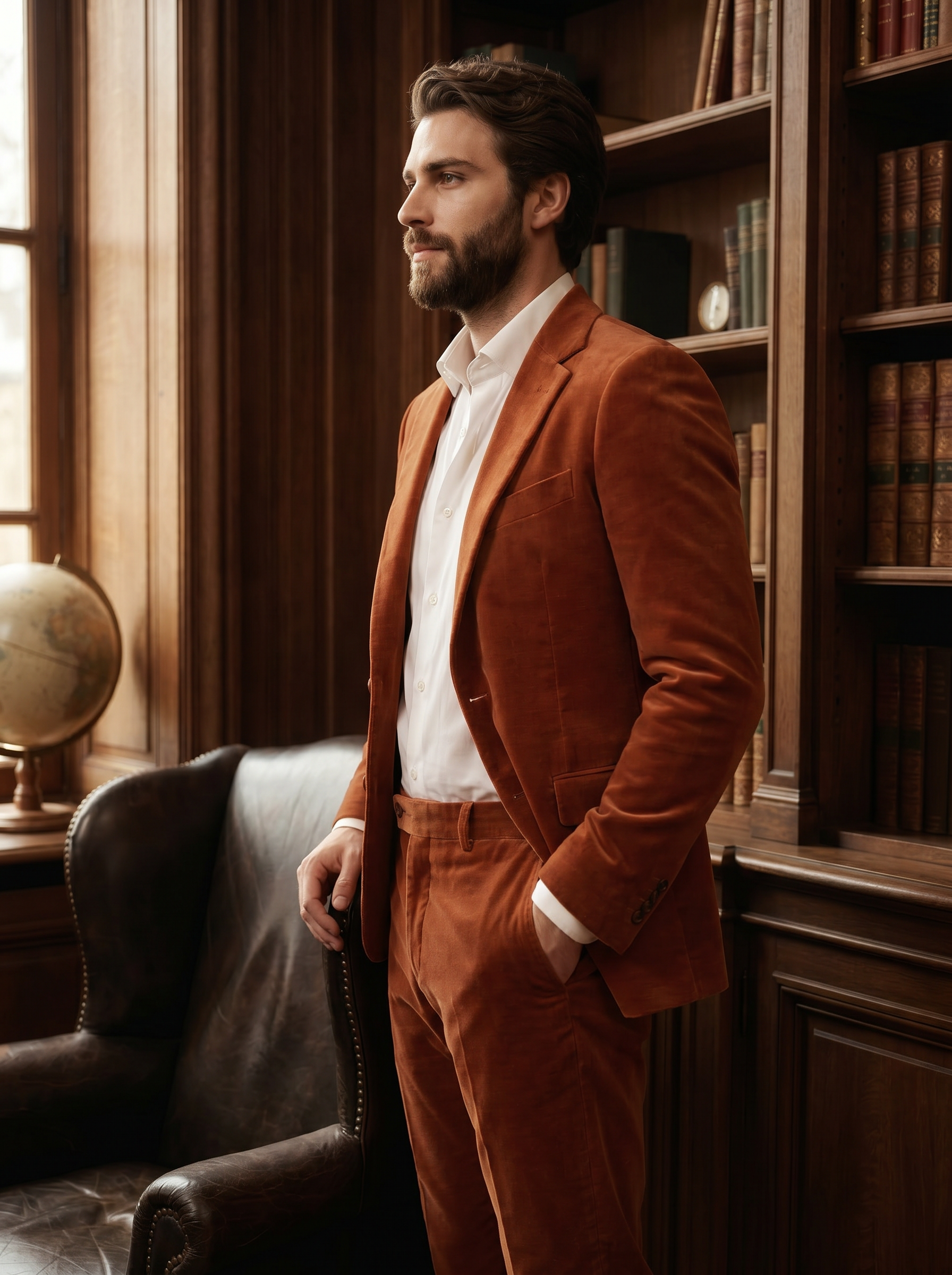 Terracotta Velvet Groomsmen Suit — Custom Made to Measure - side view