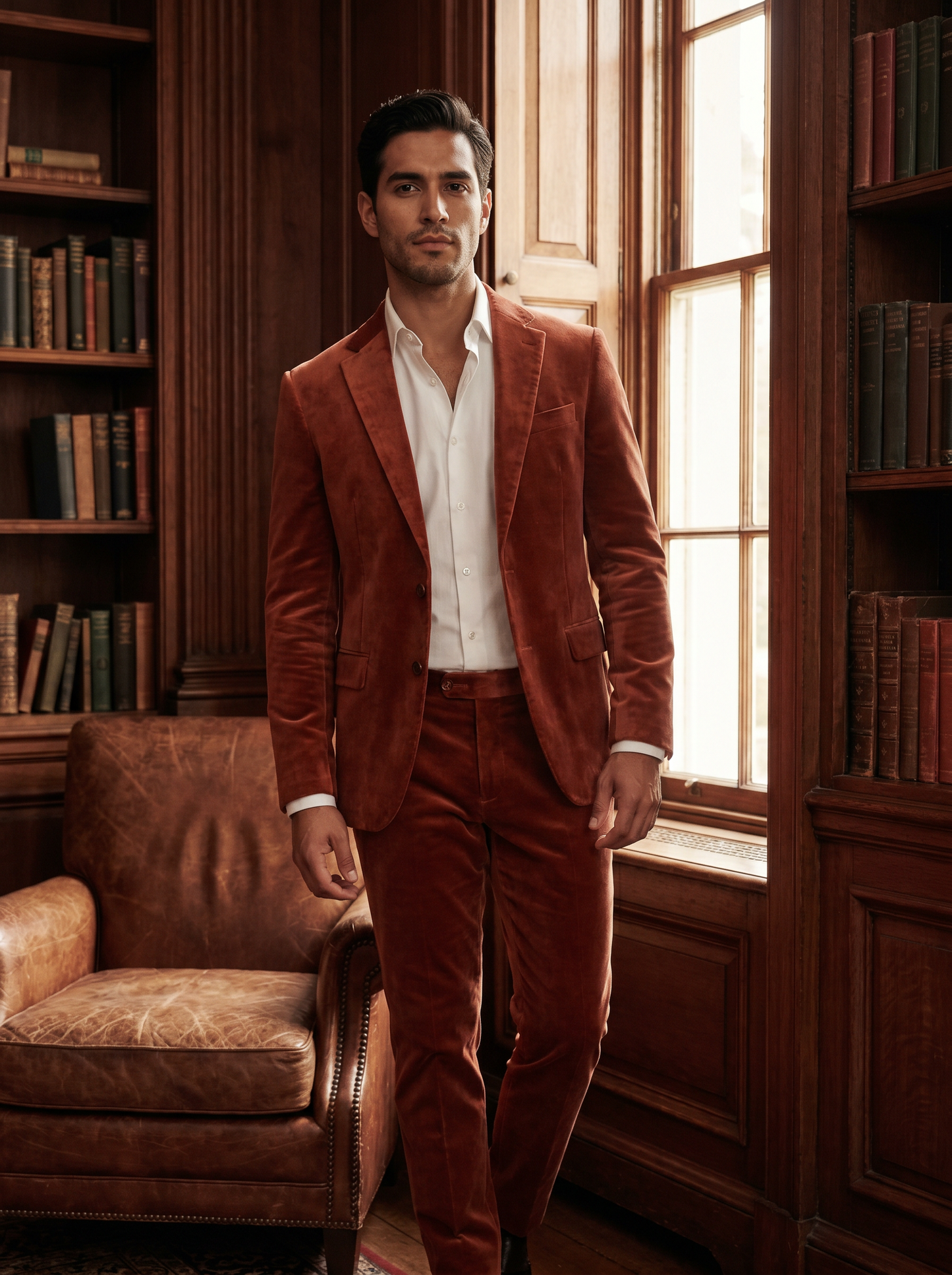 Terracotta Velvet Suit — Custom Made to Measure - front view