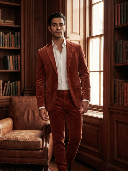 Terracotta Velvet Suit — Custom Made to Measure - front view