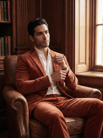 Terracotta Velvet Suit — Custom Made to Measure - seated view