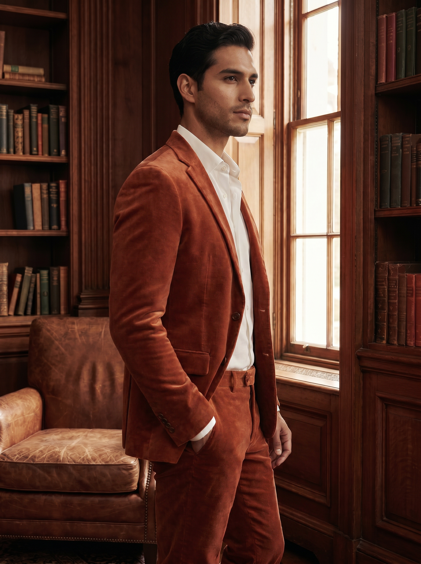 Terracotta Velvet Suit — Custom Made to Measure - side view