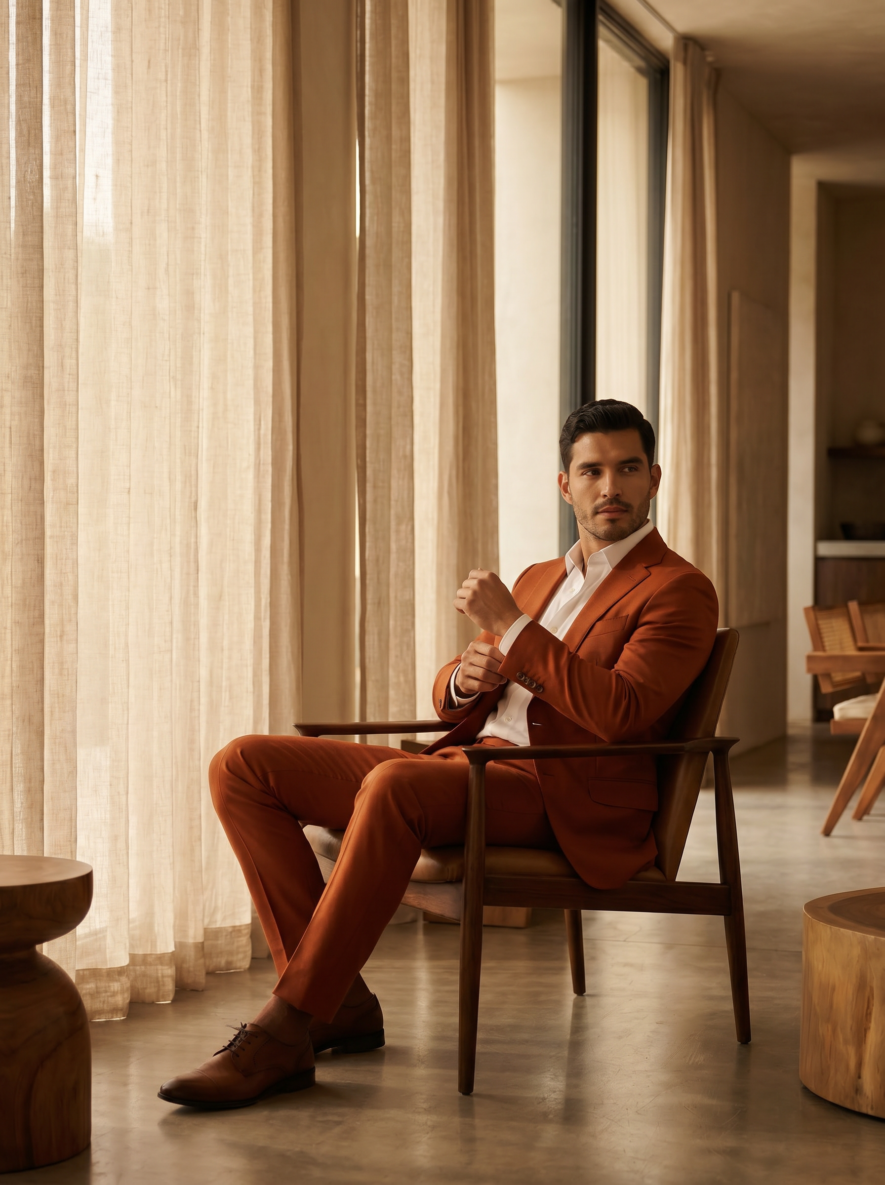 Terracotta Wool Groomsmen Suit — Custom Made to Measure - seated view