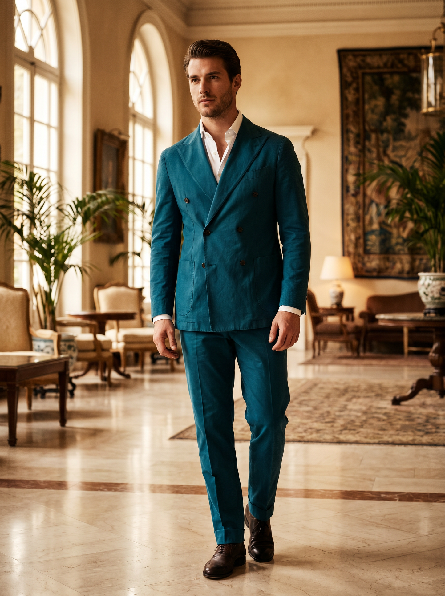 Turquoise Cotton Double Breasted Suit — Custom Made to Measure - front view