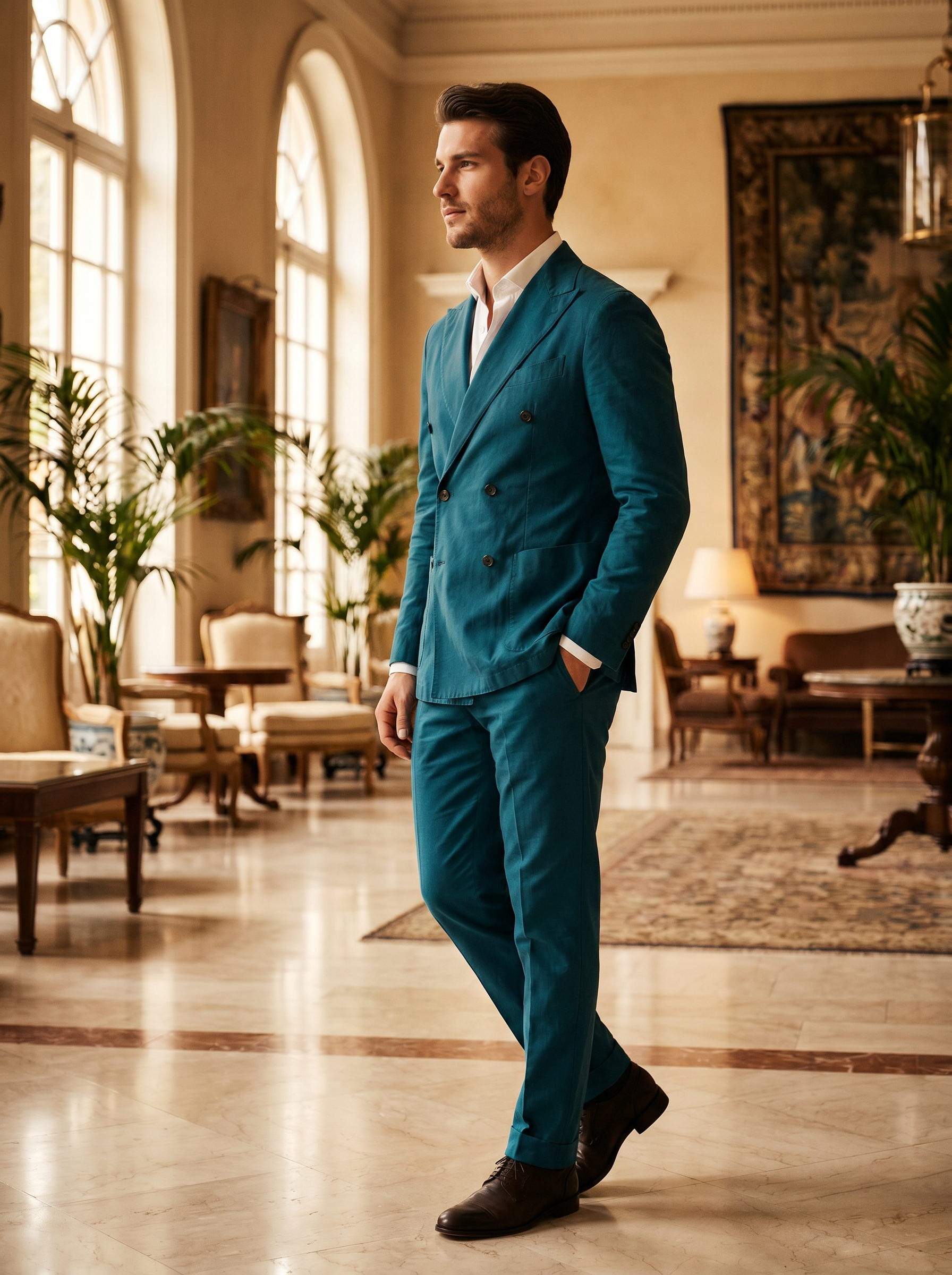 Turquoise Cotton Double Breasted Suit — Custom Made to Measure - side view