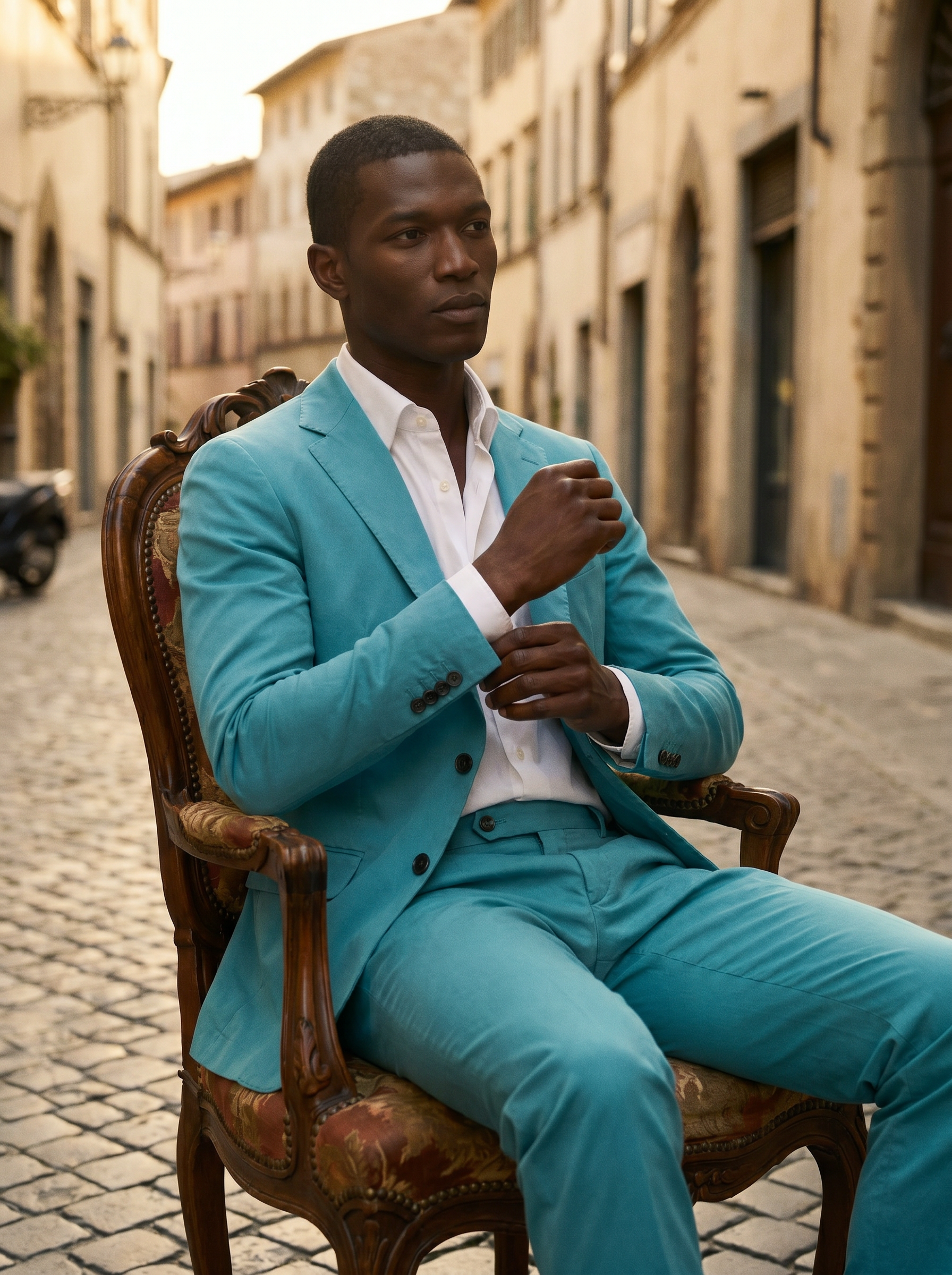 Turquoise Cotton Suit — Custom Made to Measure - seated view