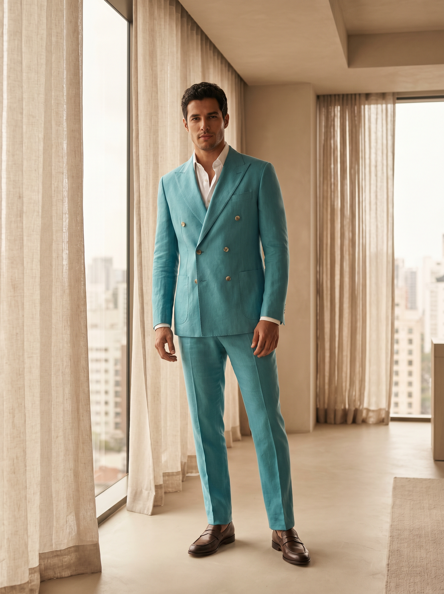 Turquoise Linen Double Breasted Suit — Custom Made to Measure - front view