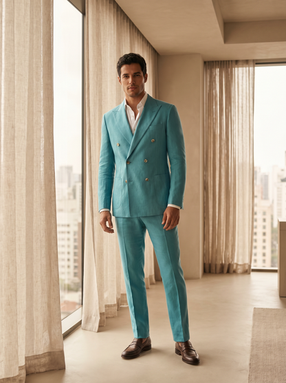 Turquoise Linen Double Breasted Suit — Custom Made to Measure - front view