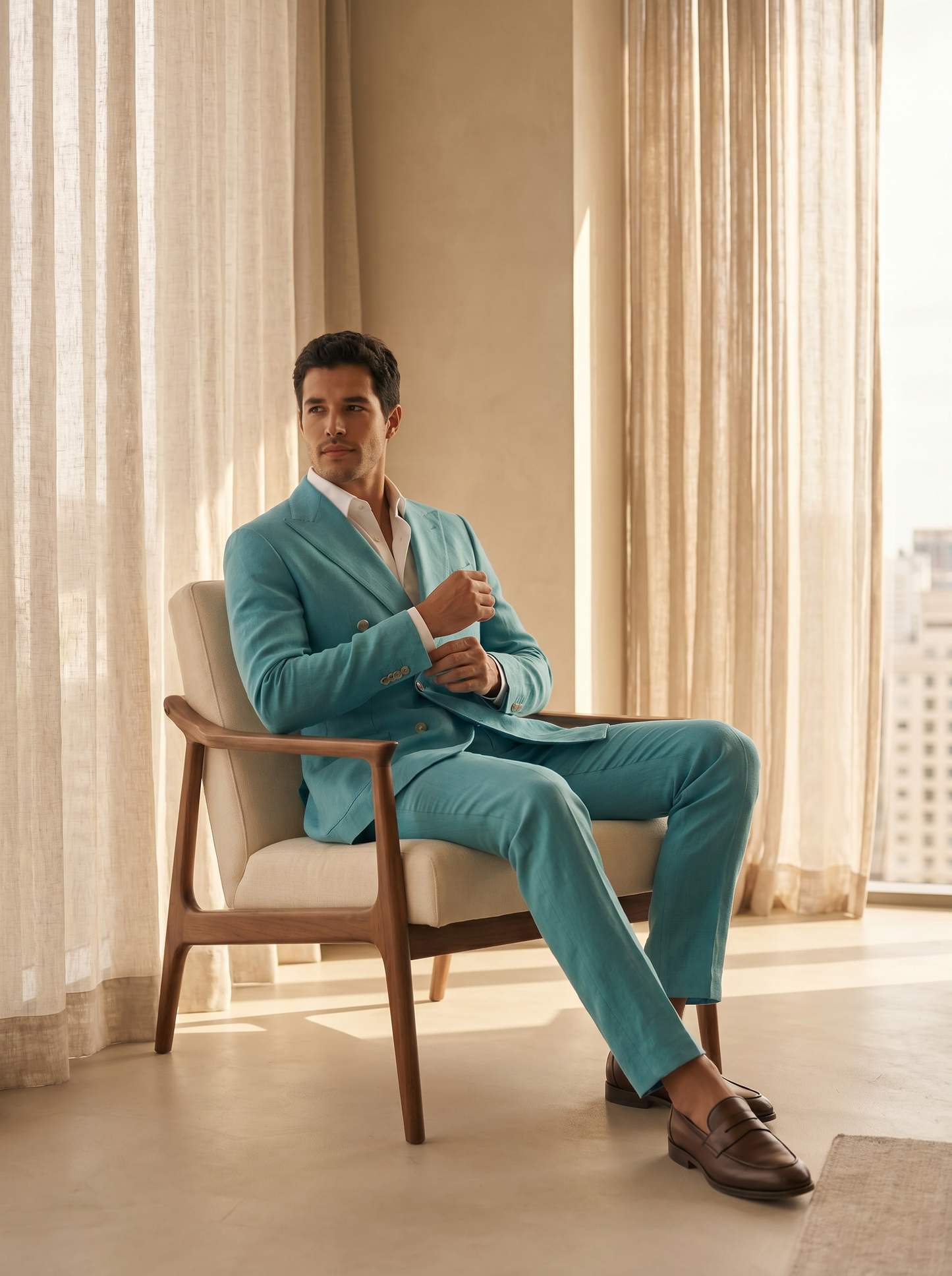 Turquoise Linen Double Breasted Suit — Custom Made to Measure - seated view