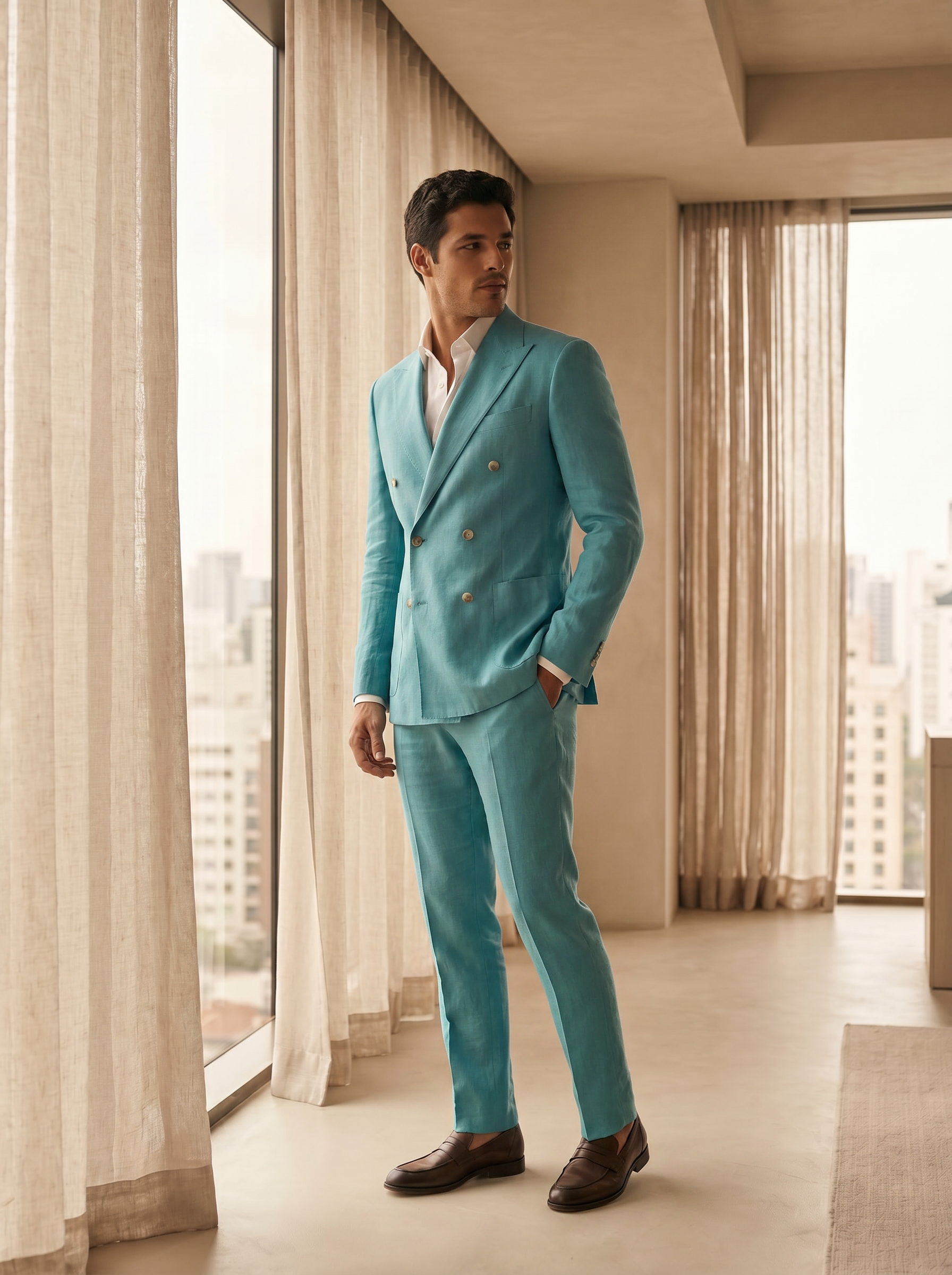 Turquoise Linen Double Breasted Suit — Custom Made to Measure - side view