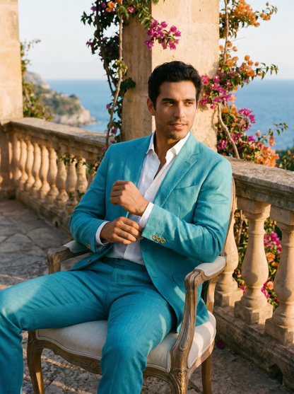Turquoise Linen Groomsmen Suit — Custom Made to Measure - seated view