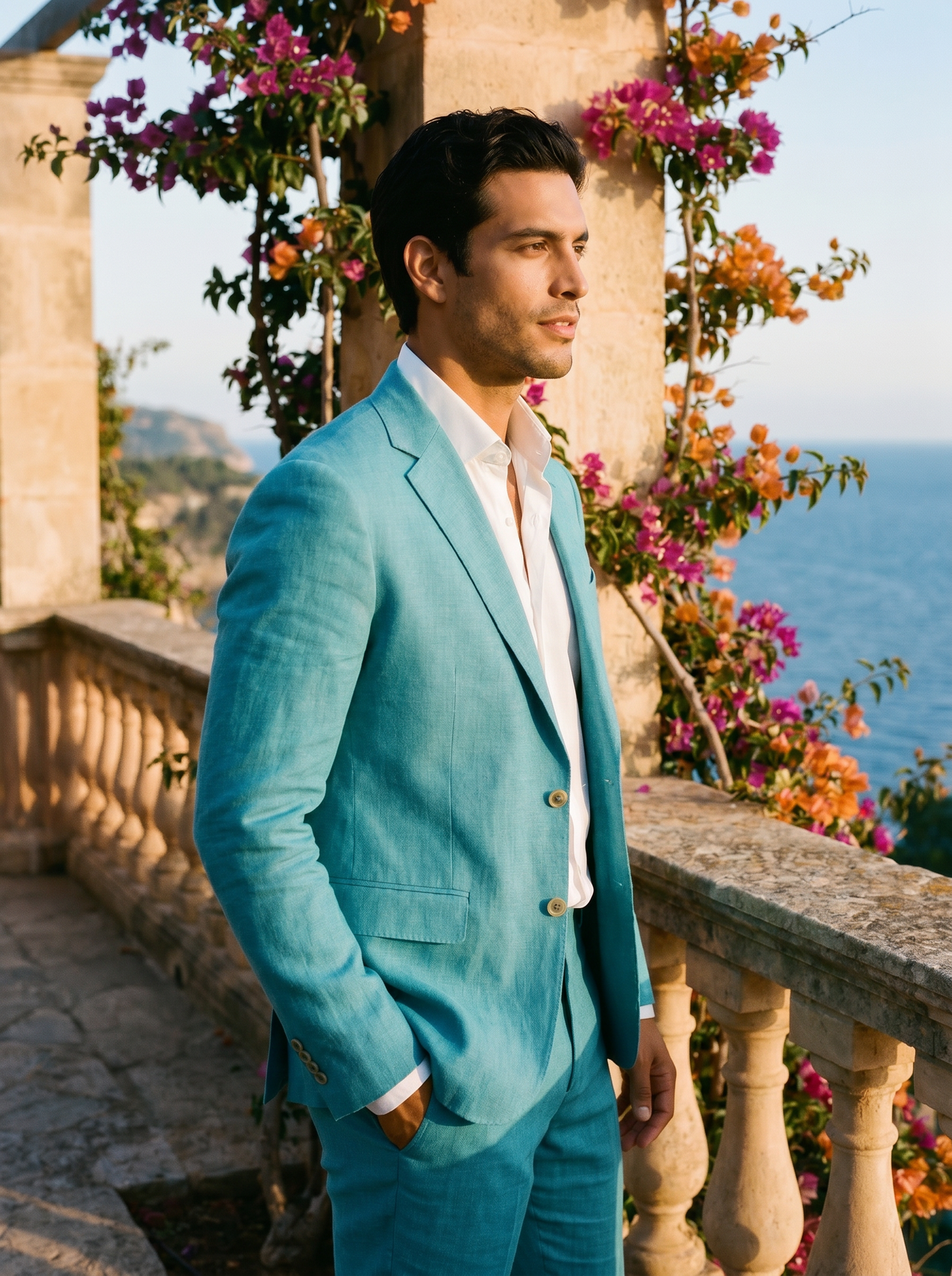 Turquoise Linen Groomsmen Suit — Custom Made to Measure - side view