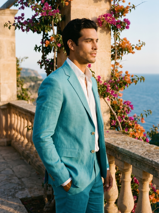 Turquoise Linen Groomsmen Suit — Custom Made to Measure - side view