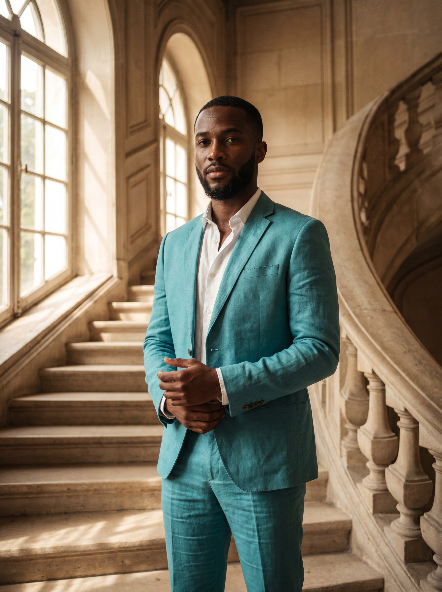 Turquoise Linen Suit — Custom Made to Measure - front view