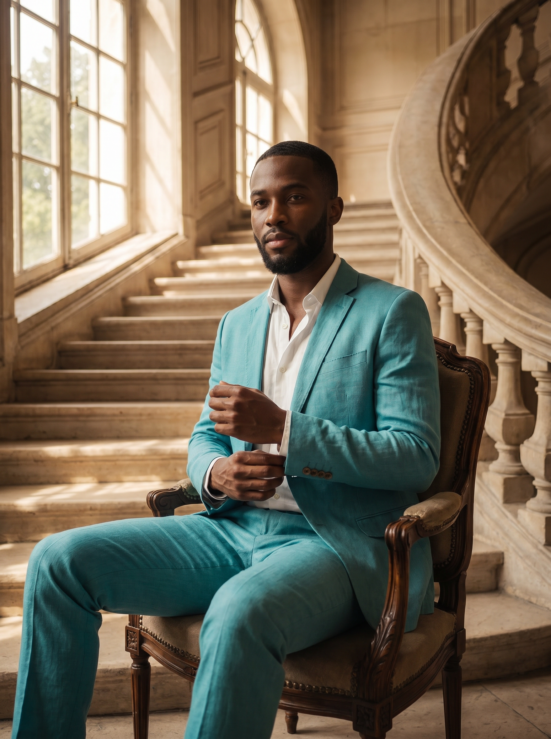 Turquoise Linen Suit — Custom Made to Measure - seated view