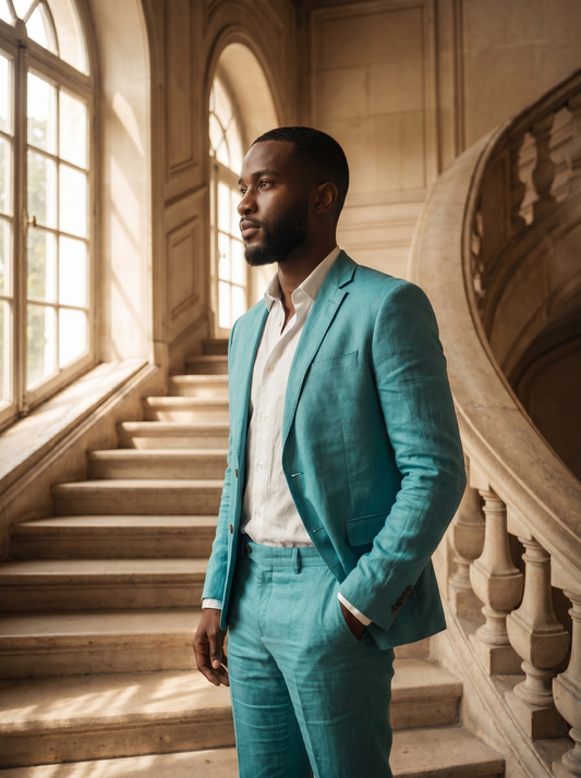 Turquoise Linen Suit — Custom Made to Measure - side view