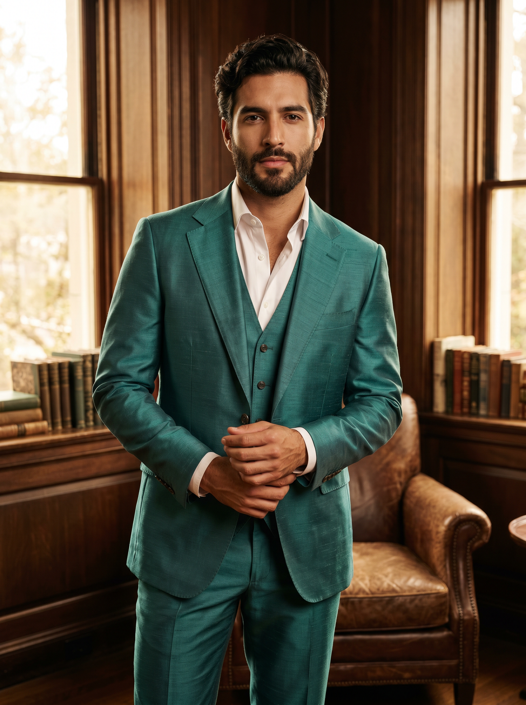 Turquoise Silk Blend 3-Piece Suit — Custom Made to Measure - front view