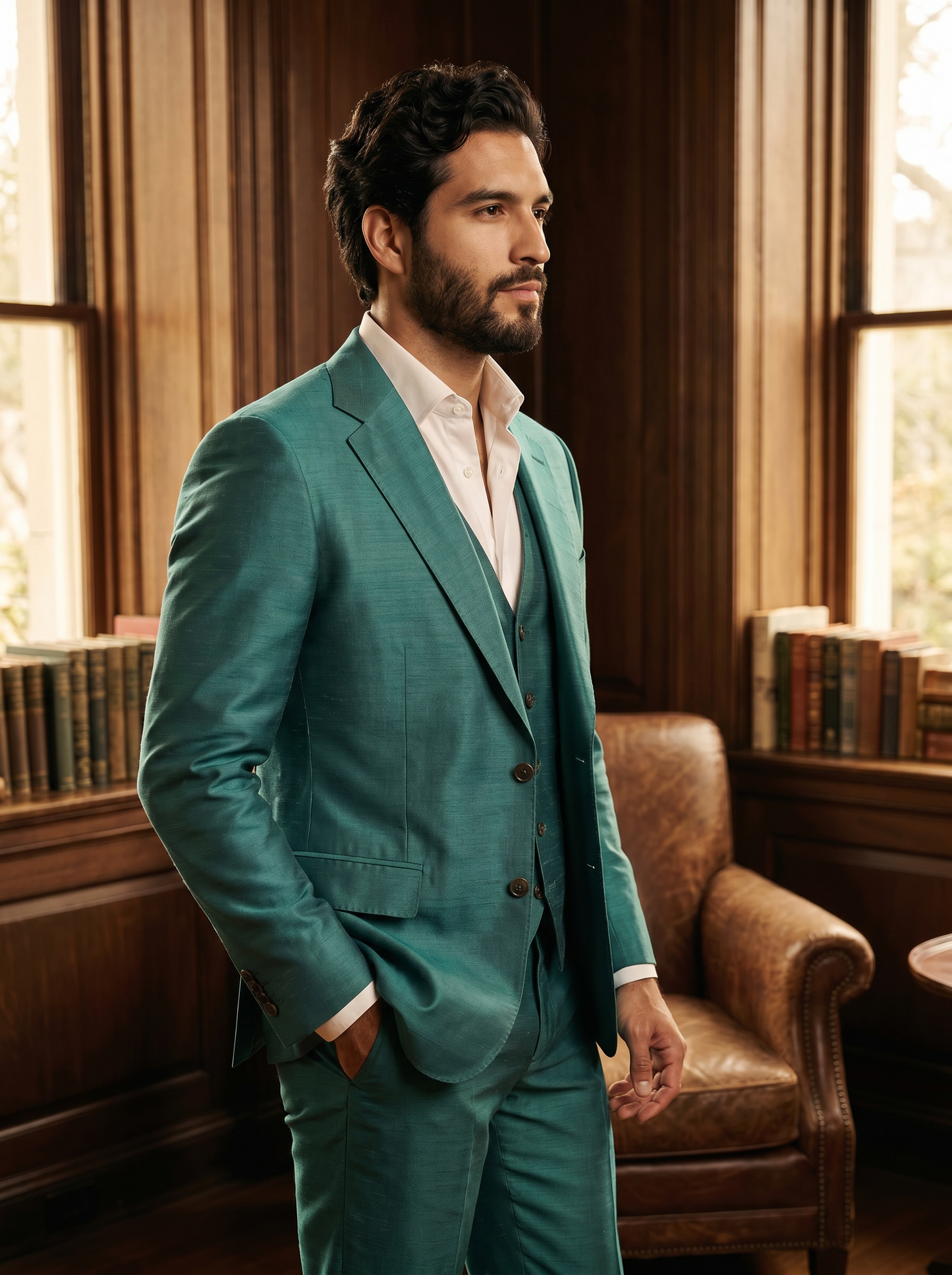 Turquoise Silk Blend 3-Piece Suit — Custom Made to Measure - side view