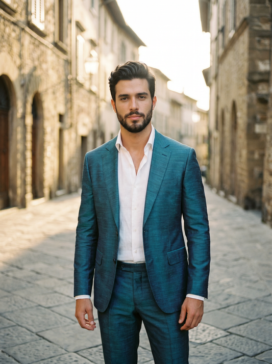 Turquoise Silk Blend Groomsmen Suit — Custom Made to Measure - front view
