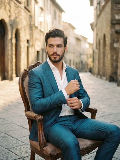 Turquoise Silk Blend Groomsmen Suit — Custom Made to Measure - seated view