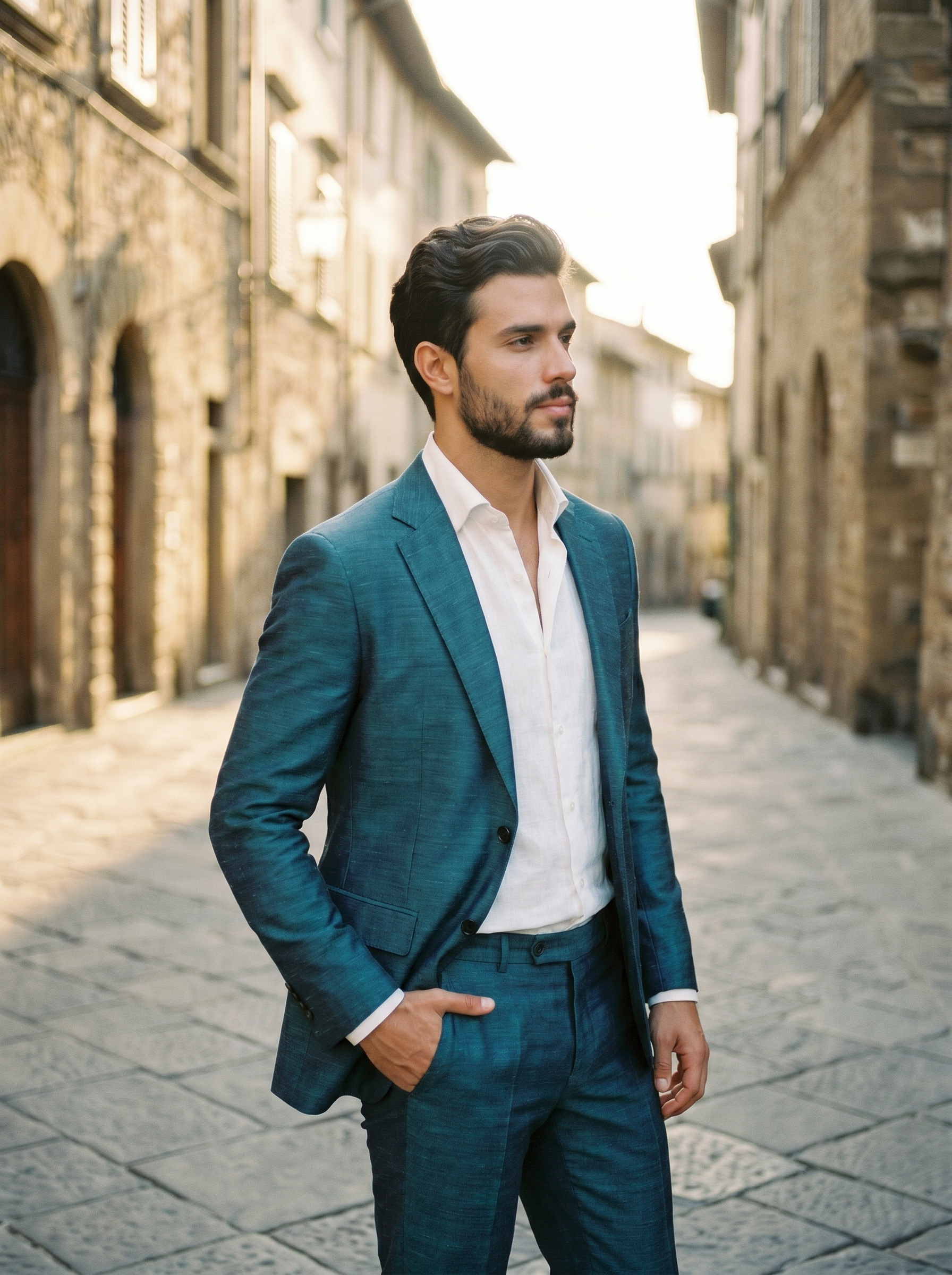 Turquoise Silk Blend Groomsmen Suit — Custom Made to Measure - side view