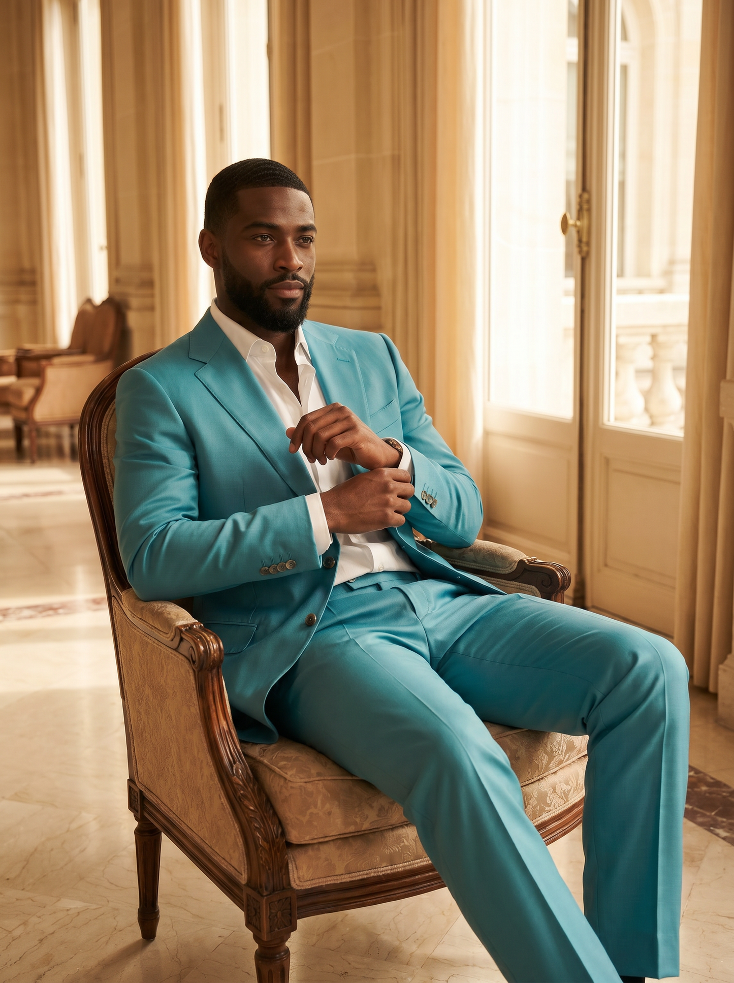 Turquoise Silk Blend Suit — Custom Made to Measure - seated view