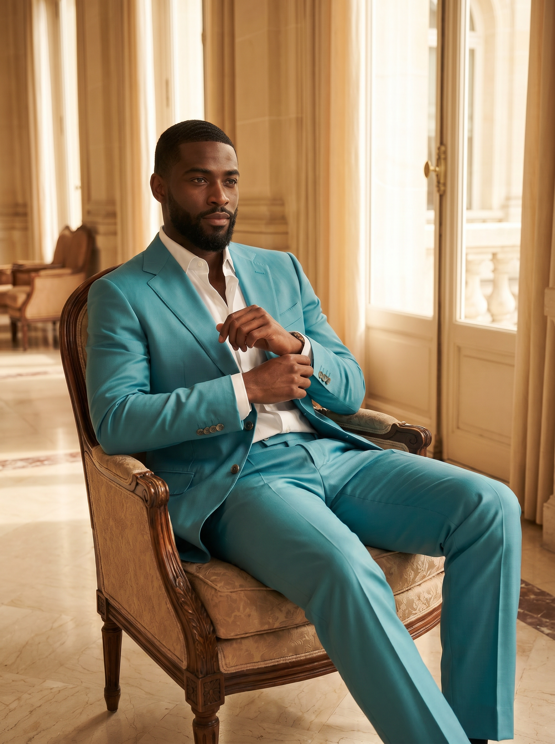 Turquoise Silk Blend Suit — Custom Made to Measure - seated view