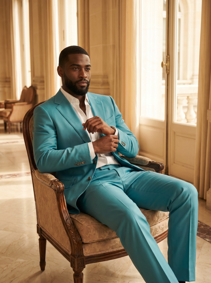 Turquoise Silk Blend Suit — Custom Made to Measure - seated view