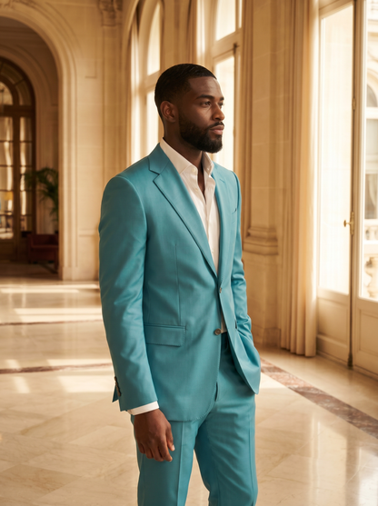 Turquoise Silk Blend Suit — Custom Made to Measure - side view