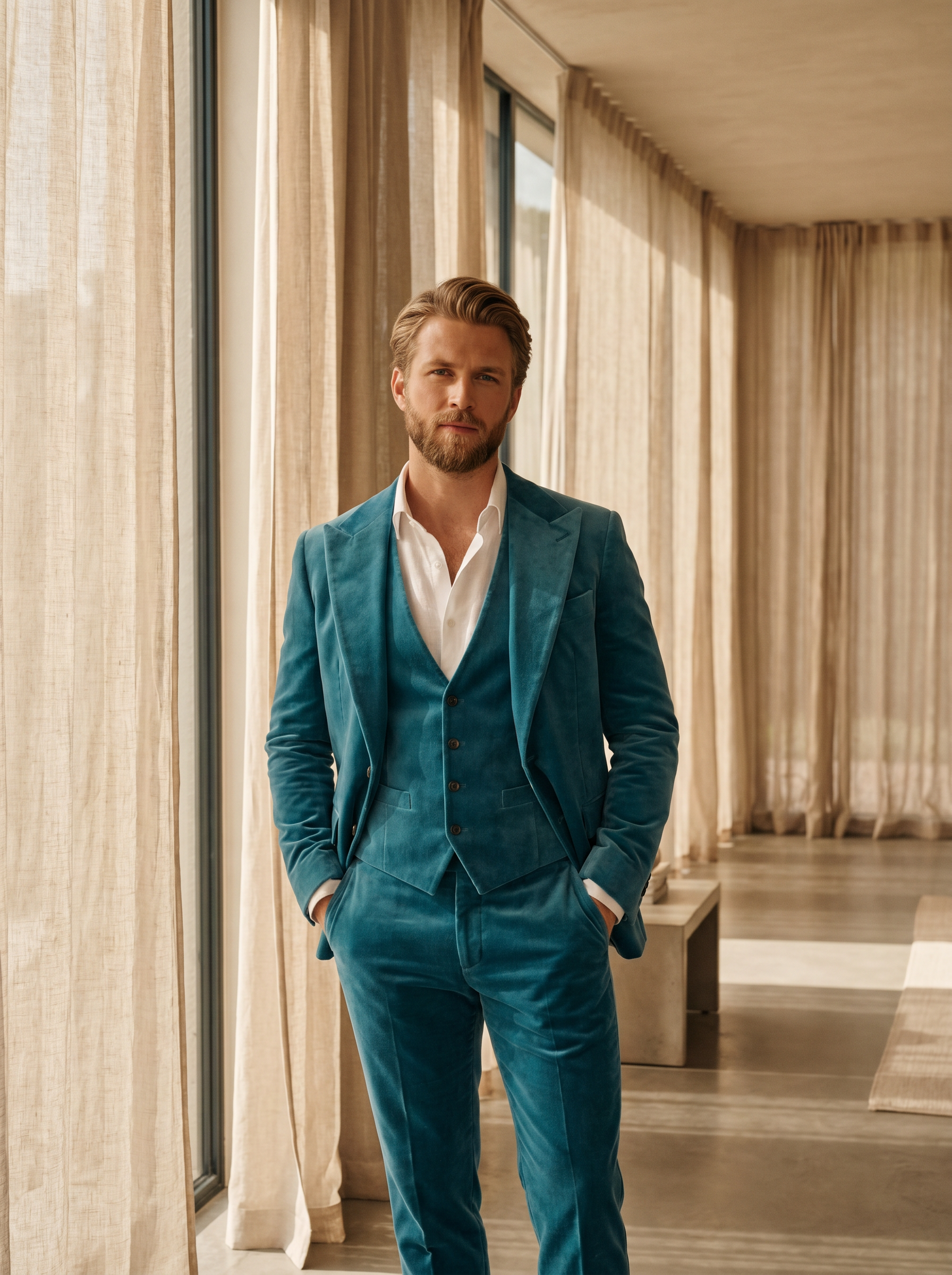 Turquoise Velvet 3-Piece Suit — Custom Made to Measure - front view