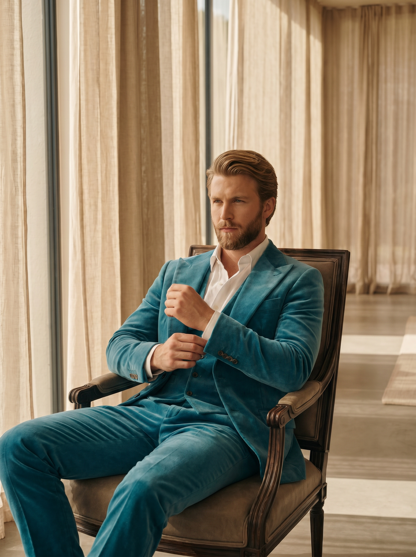 Turquoise Velvet 3-Piece Suit — Custom Made to Measure - seated view