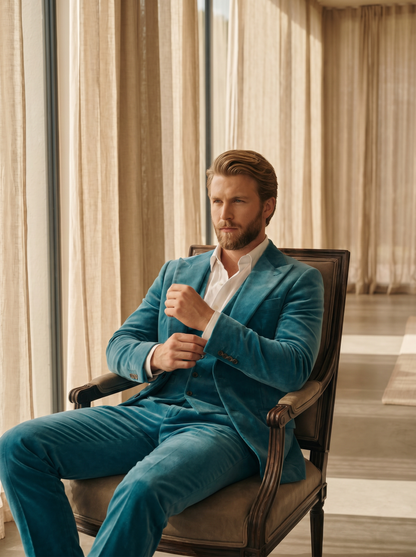 Turquoise Velvet 3-Piece Suit — Custom Made to Measure - seated view