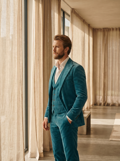 Turquoise Velvet 3-Piece Suit — Custom Made to Measure - side view