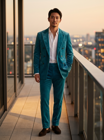 Turquoise Velvet Double Breasted Suit — Custom Made to Measure - front view