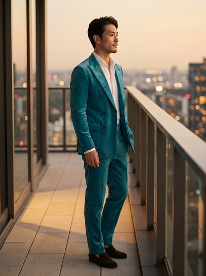 Turquoise Velvet Double Breasted Suit — Custom Made to Measure - side view