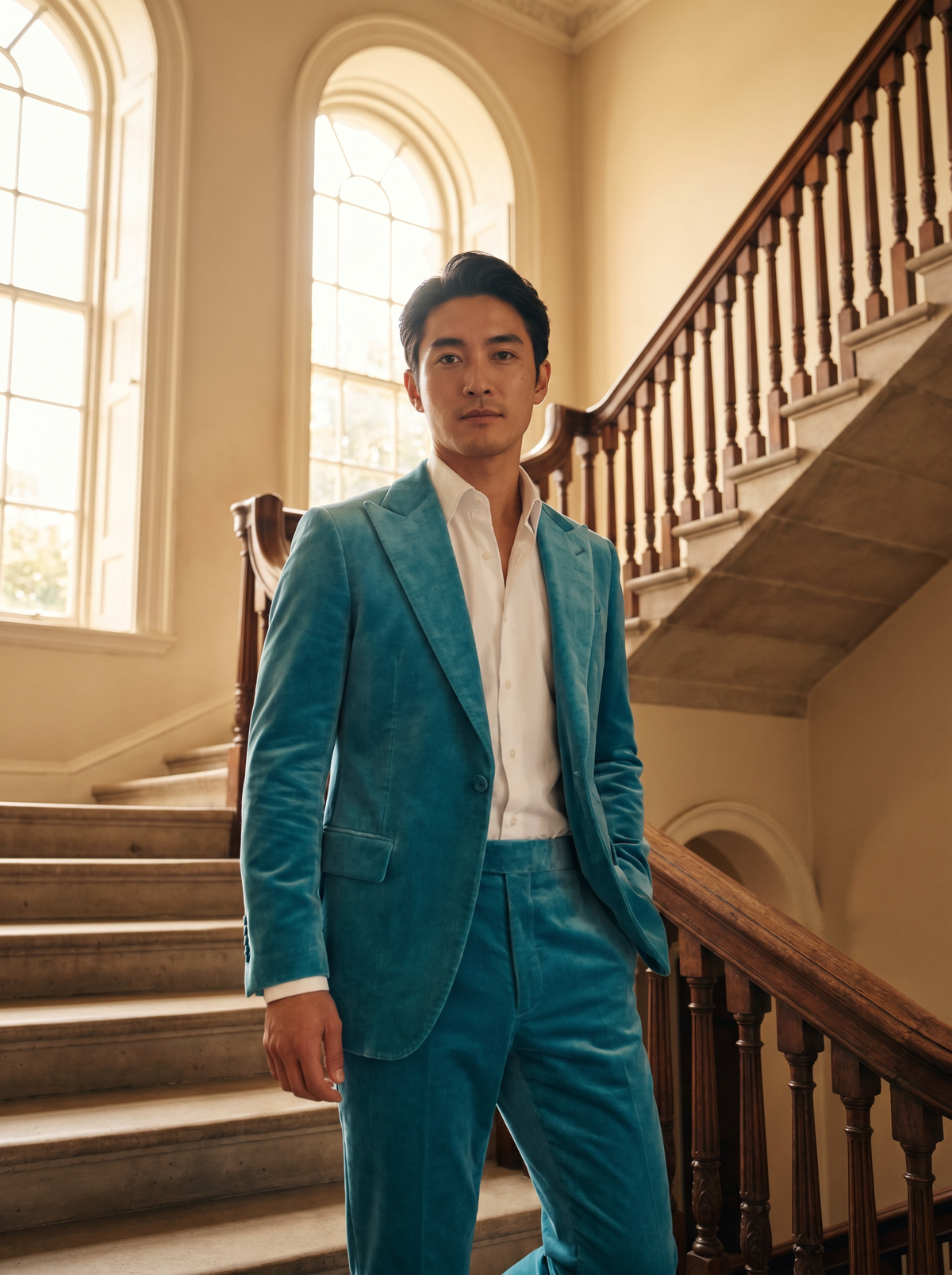 Turquoise Velvet Groomsmen Suit — Custom Made to Measure - front view