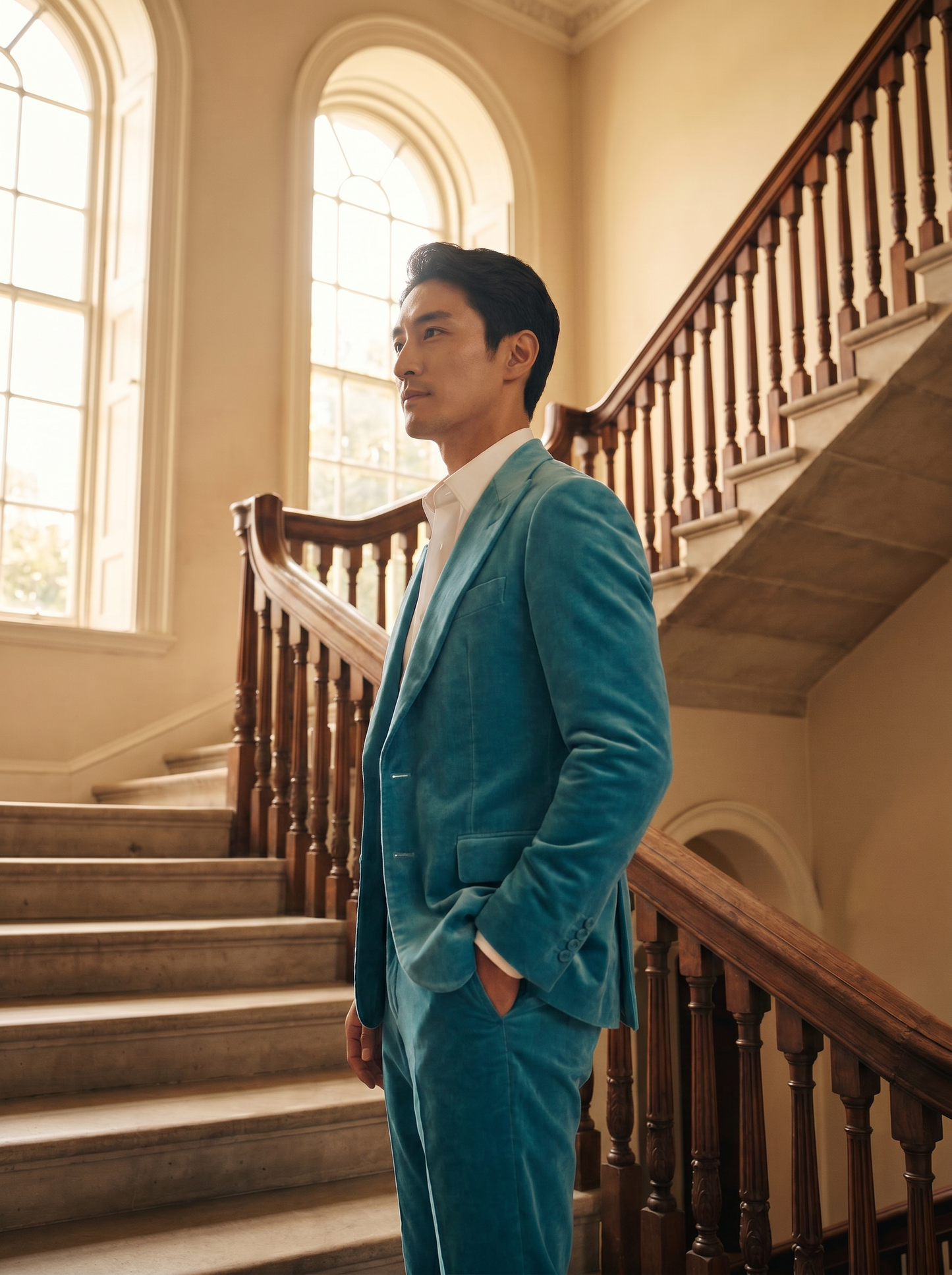 Turquoise Velvet Groomsmen Suit — Custom Made to Measure - side view