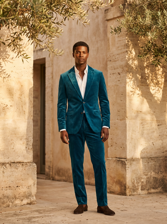Turquoise Velvet Suit — Custom Made to Measure - front view