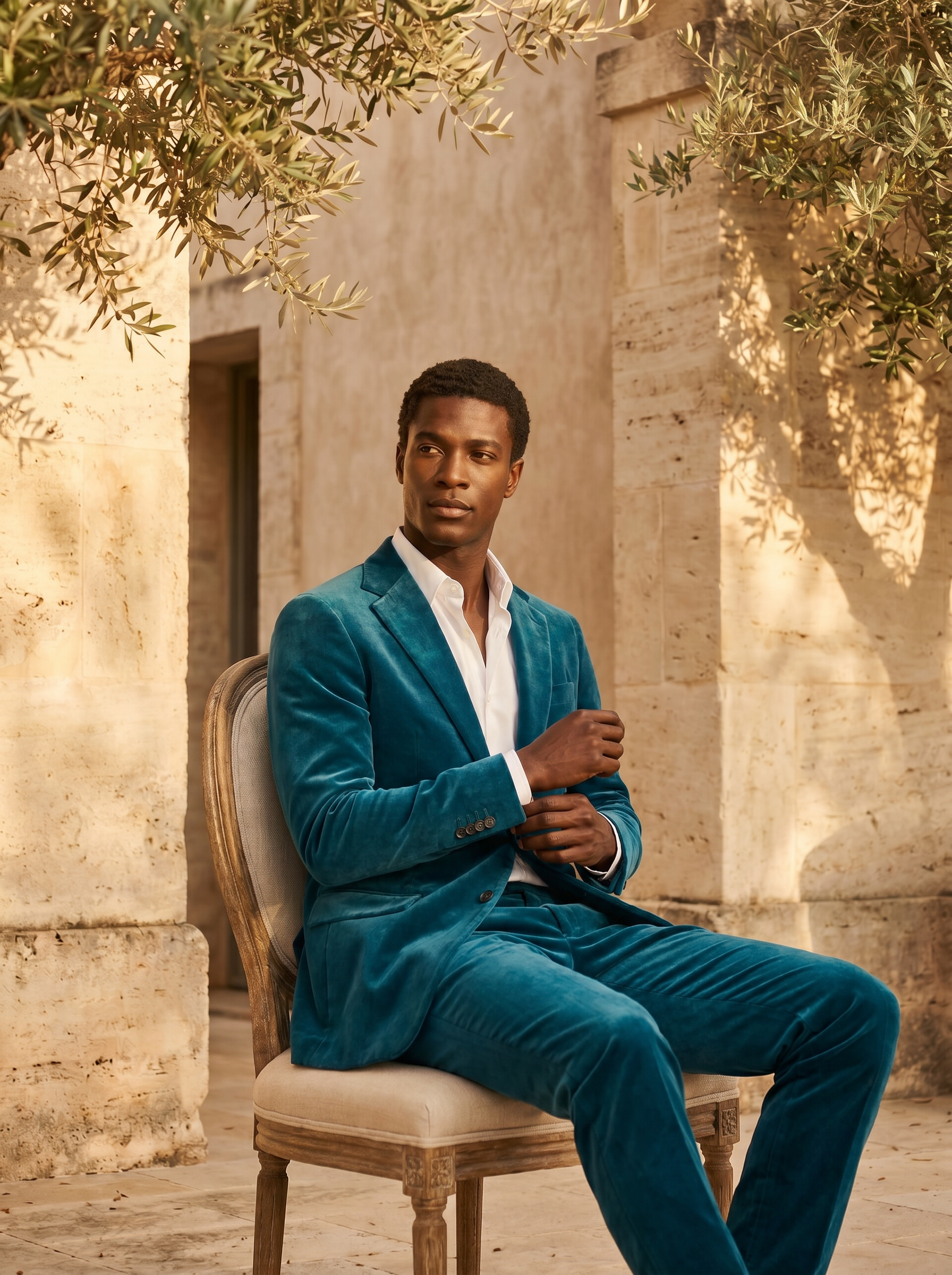 Turquoise Velvet Suit — Custom Made to Measure - seated view