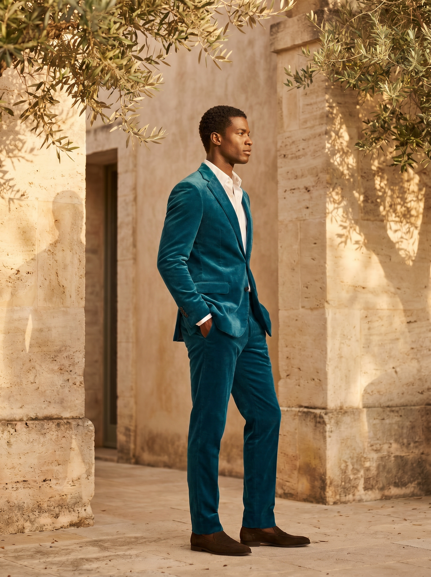 Turquoise Velvet Suit — Custom Made to Measure - side view