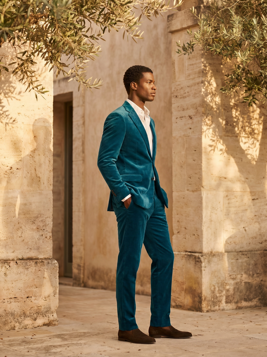 Turquoise Velvet Suit — Custom Made to Measure - side view