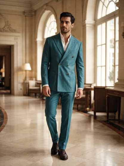 Turquoise Wool Double Breasted Suit — Custom Made to Measure - front view