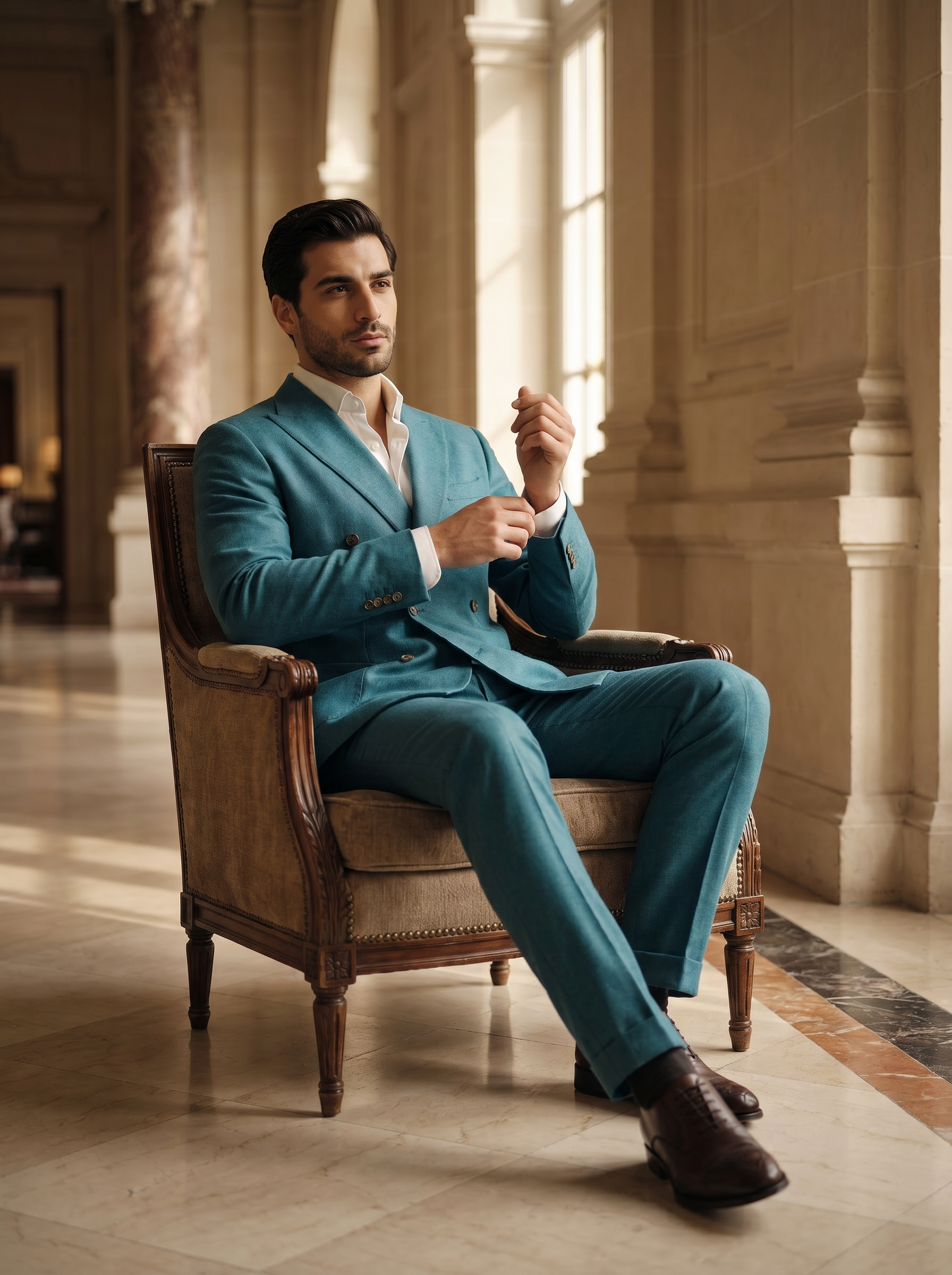 Turquoise Wool Double Breasted Suit — Custom Made to Measure - seated view