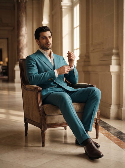 Turquoise Wool Double Breasted Suit — Custom Made to Measure - seated view